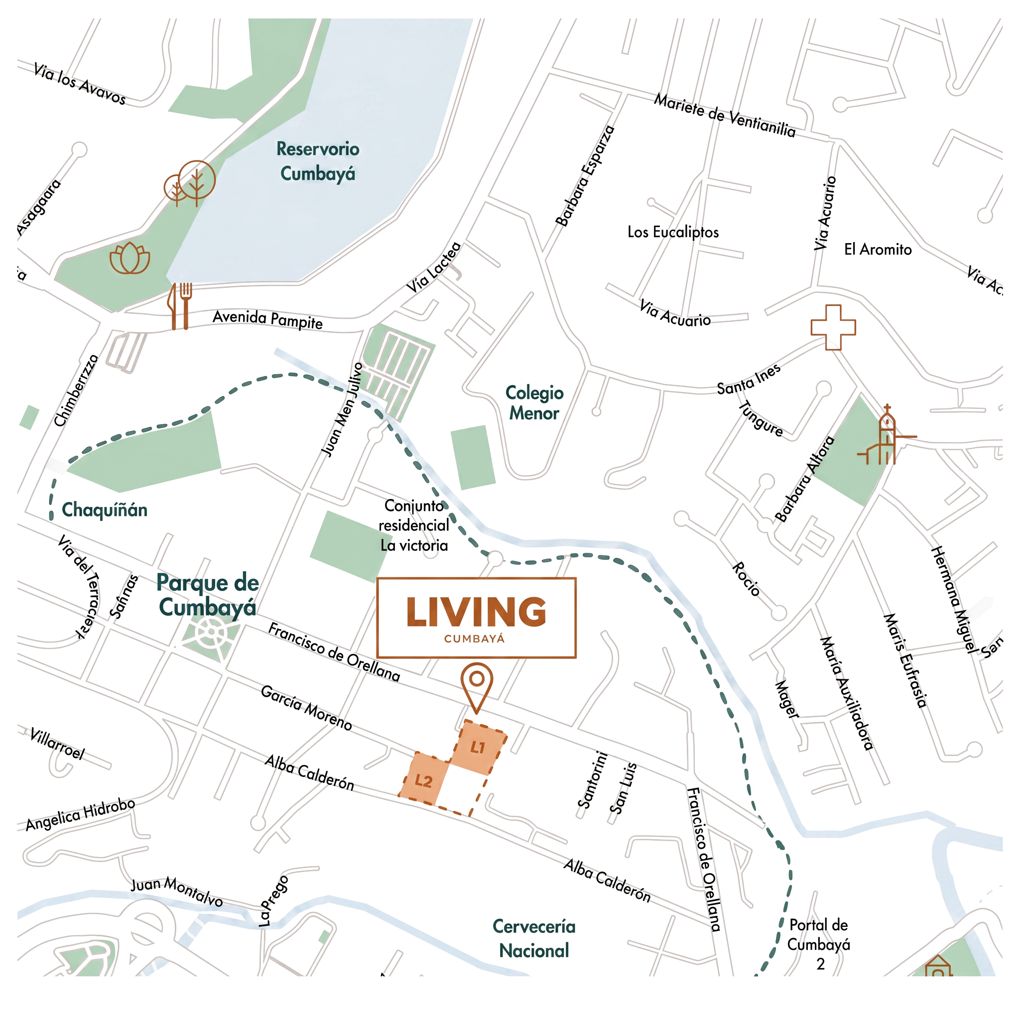 Mapa de ubicación de Living Cumbayá con hitos cercanos en Cumbayá