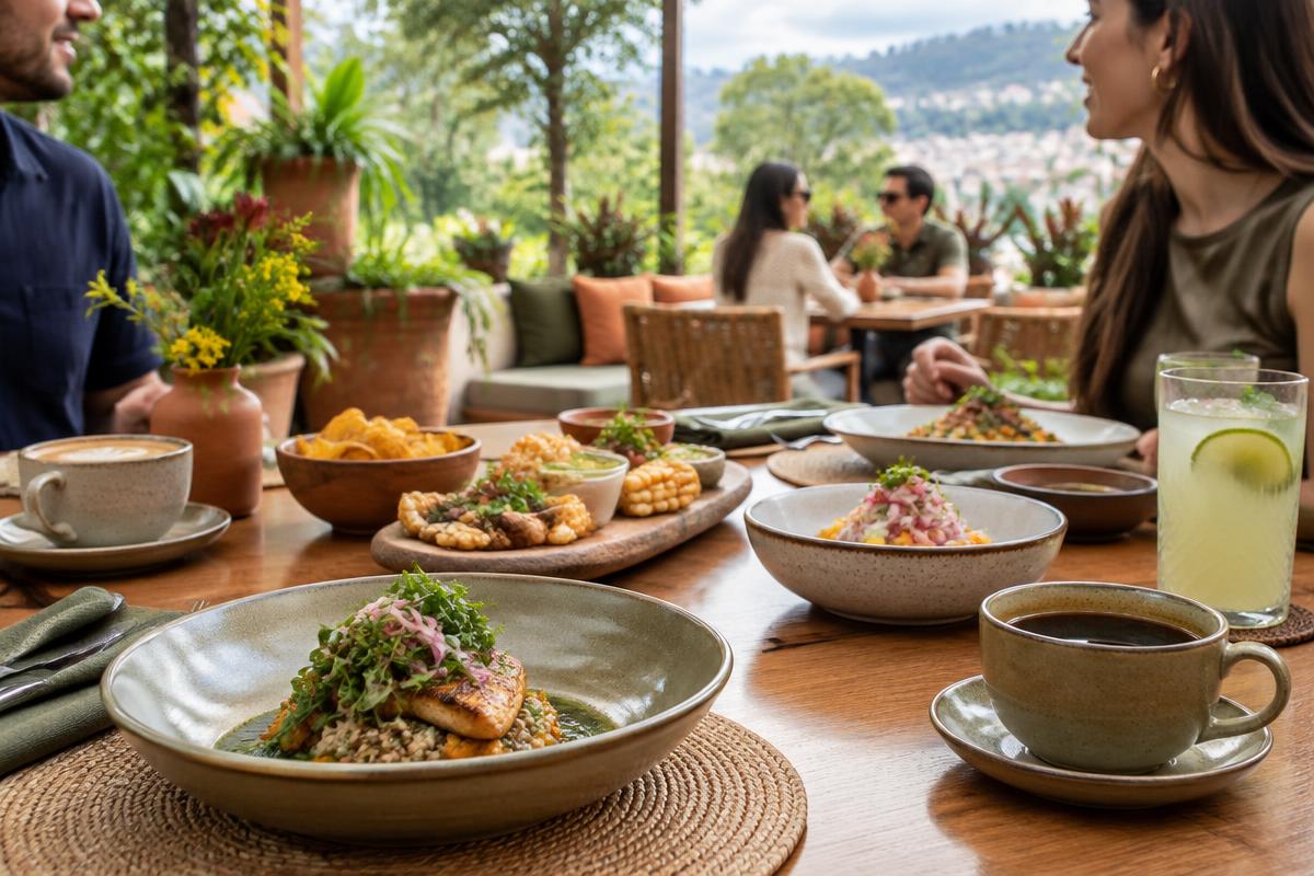 Mesa compartida con platos y café en una terraza de Cumbayá