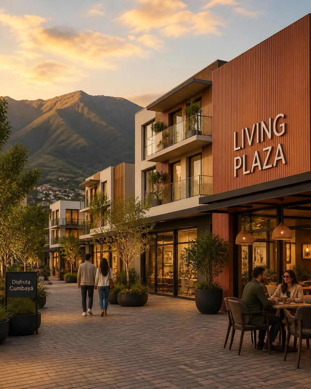 Plaza gastronómica de Living Plaza con cafeterías y familias